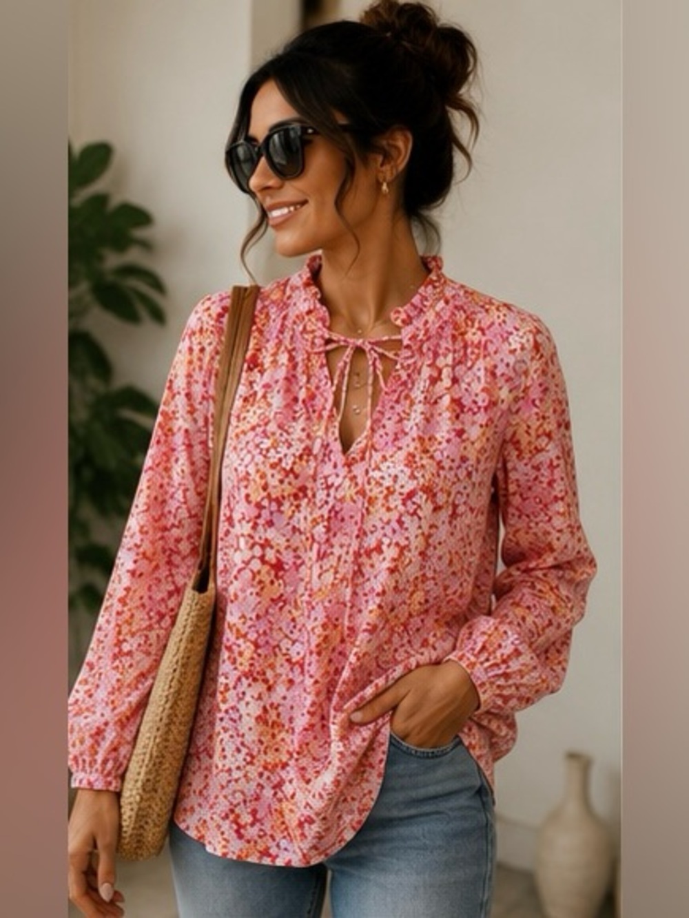 Karlie Pink & Orange Floral Blouse Size Small | 100% Cotton